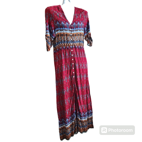 R. Vivimos Southwestern Aztec Print Button-Up Flowing Feminine Maxi Dress L - Picture 1 of 15